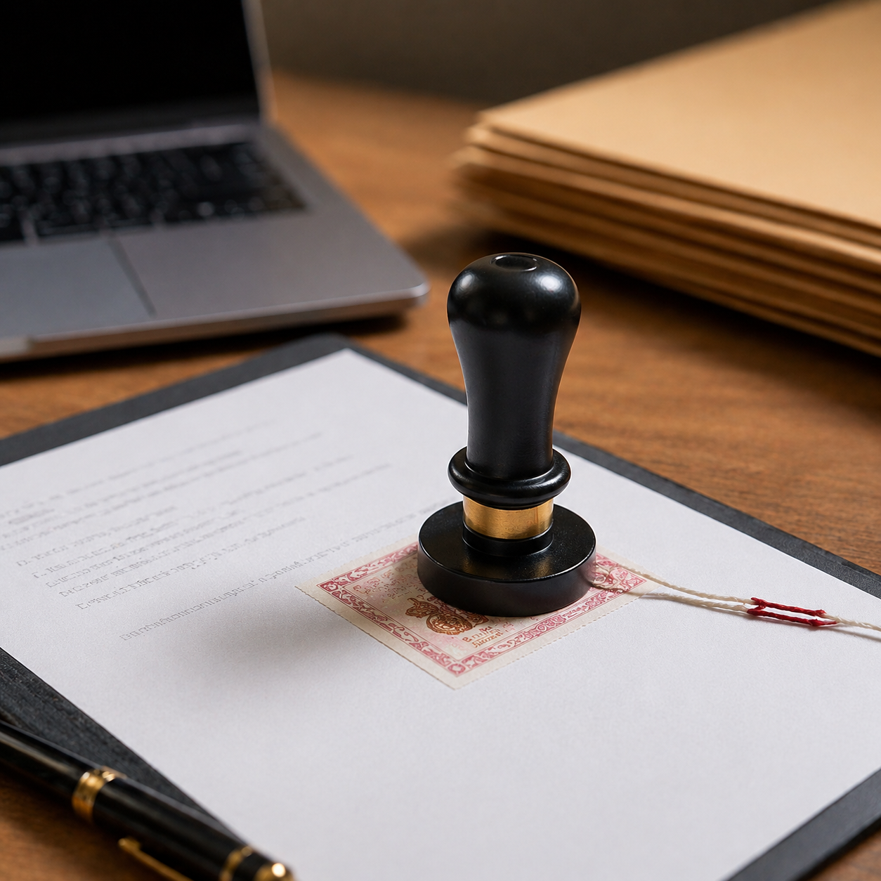 Cap stempel di atas dokumen bermaterai di meja notaris dengan laptop folder dan pena dalam suasana kantor hukum profesional
