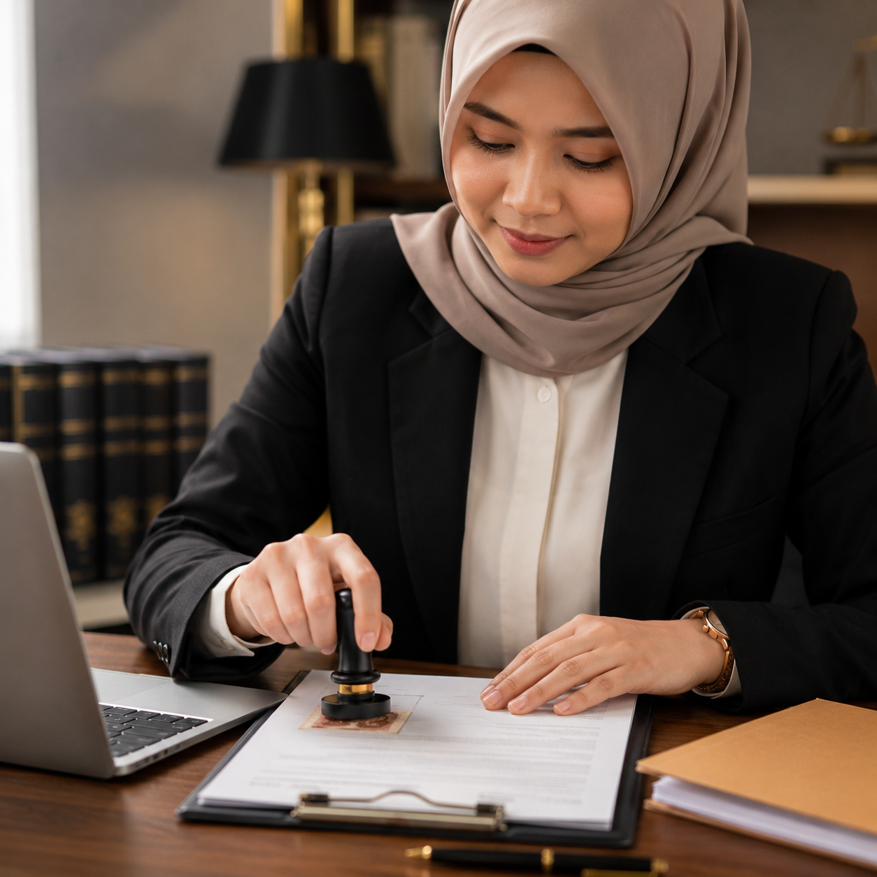 Notaris wanita berhijab membubuhkan cap pada dokumen hukum di meja kantor dengan laptop folder dan pena dalam suasana profesional