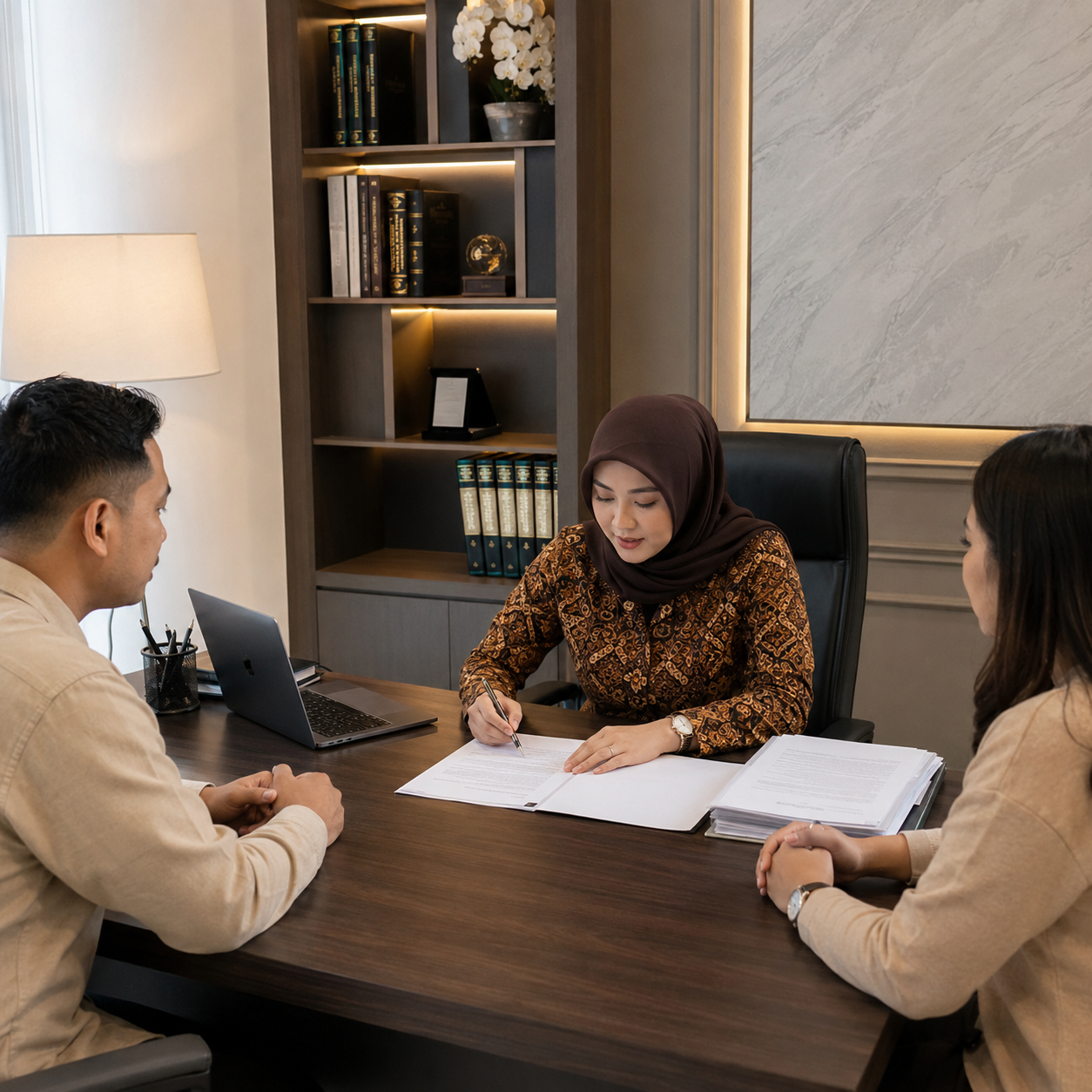 Notaris perempuan mengenakan batik coklat dan hijab coklat tua sedang melakukan konsultasi AJB di kantor modern dengan dokumen dan laptop bersama dua klien