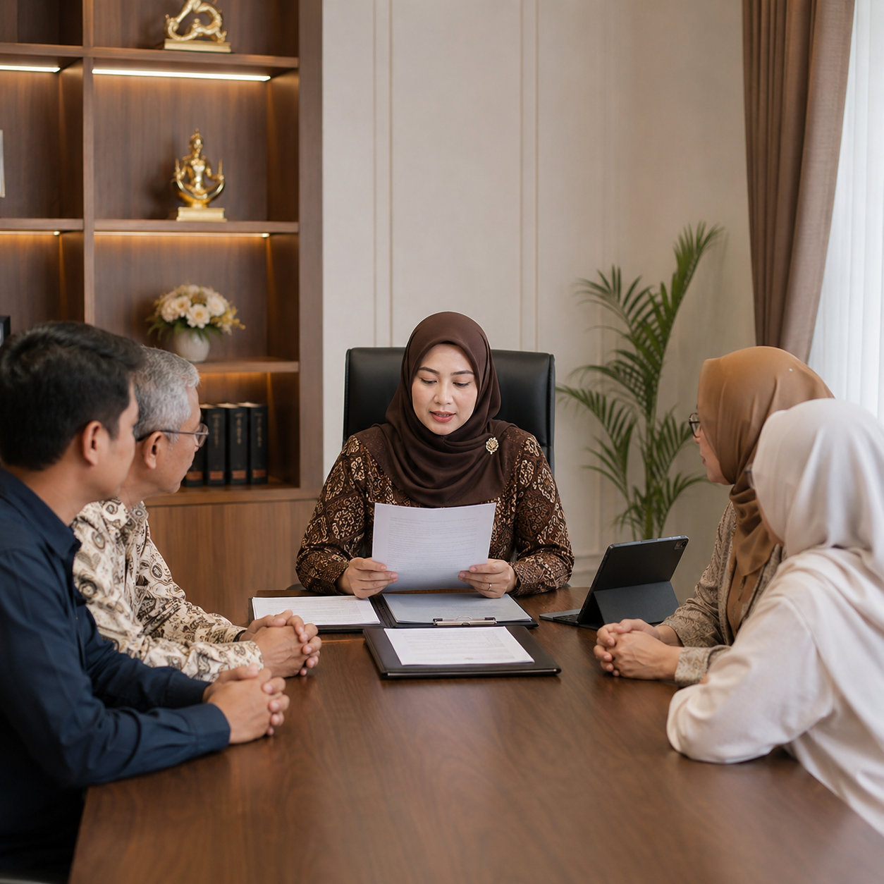 Notaris wanita berhijab membacakan surat waris kepada keluarga dan ahli waris di ruang konsultasi hukum