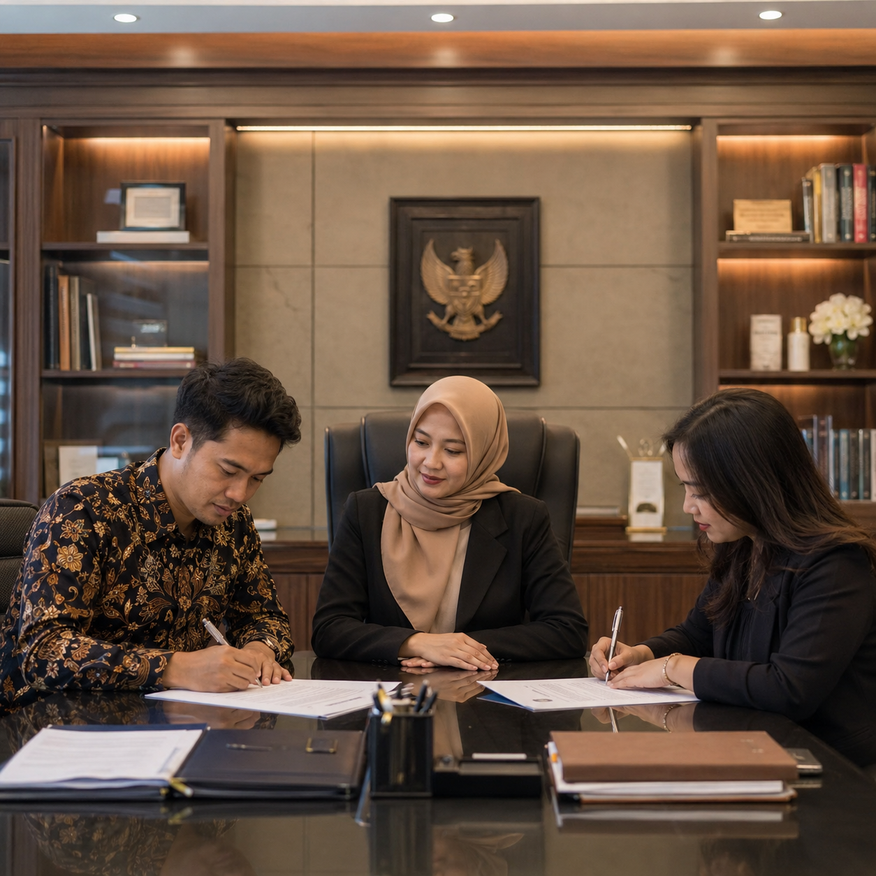 Dua pihak menandatangani akta perjanjian di meja notaris dengan didampingi notaris wanita berhijab di kantor notaris Indonesia