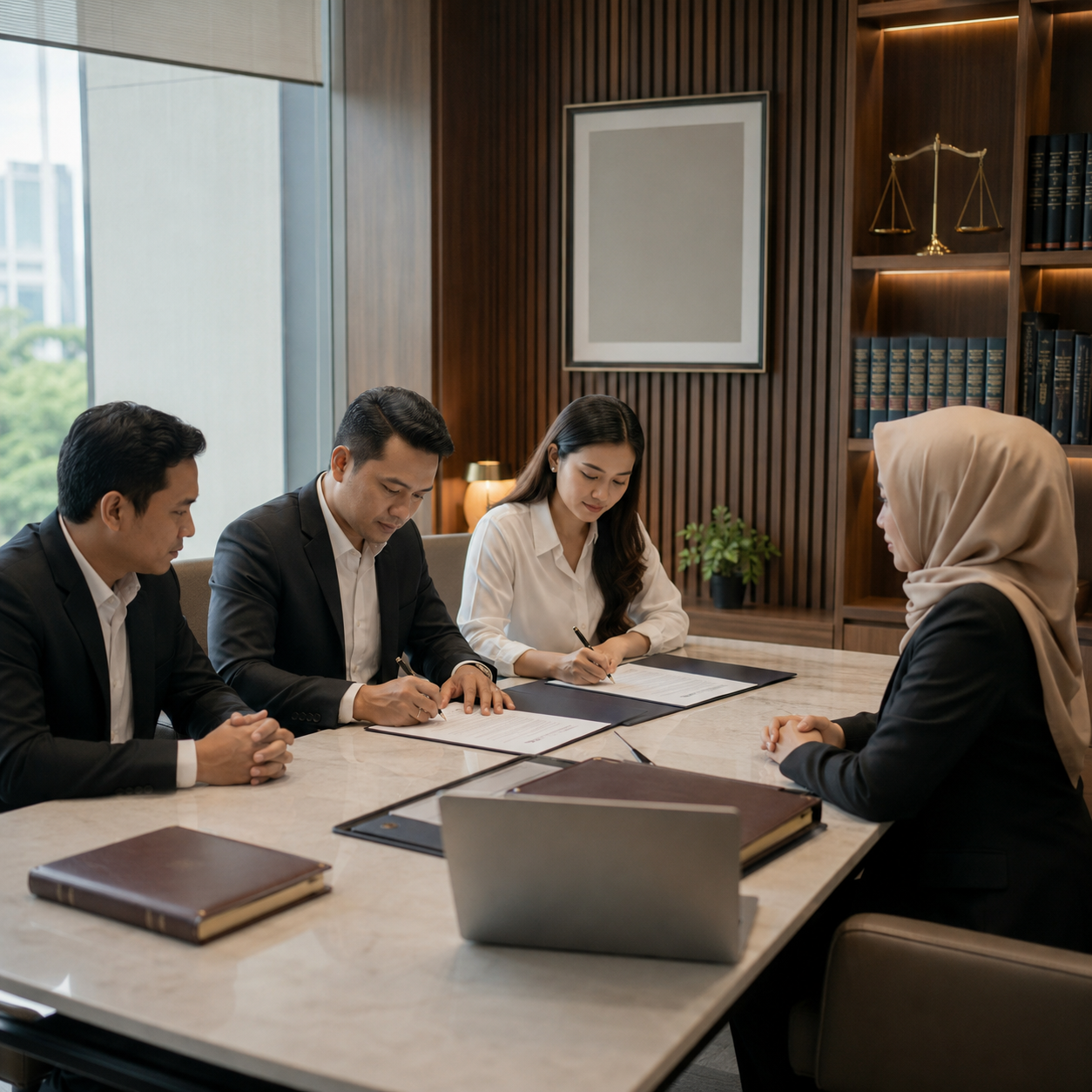 Ahli waris menandatangani dokumen waris di kantor notaris Indonesia bersama notaris wanita berhijab dengan dokumen akta dan laptop di meja